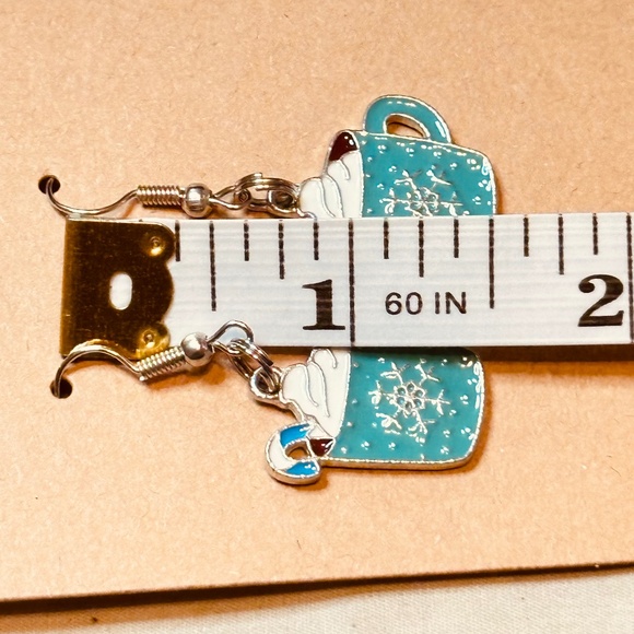 Stainless Steel Earring Hooks Dangle Teal Cocoa Cream Mug Silver Design Handmade - Picture 6 of 7